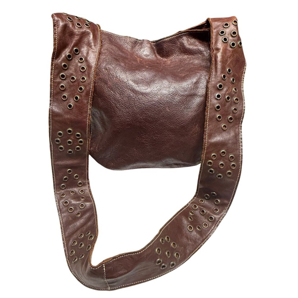 Roots Canada Vintage Leather Hobo Bag Brown Grommet Eyelet Strap Made in Canada